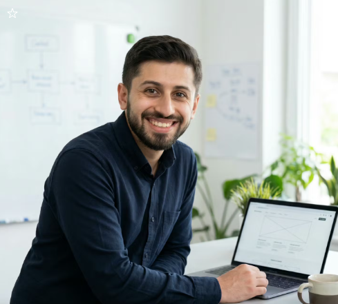 Porträttbild på Webbpartner vid skrivbord med laptop